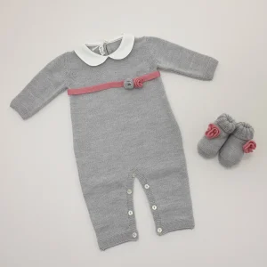 Tutina neonata 100% Lana con rose applicate e babbucce coordinate