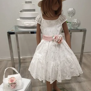 Vestito bambina cerimonia in pizzo san gallo con rosa applicata