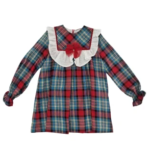 Vestito bambina scozzese effetto natalizio con fiocco rosso