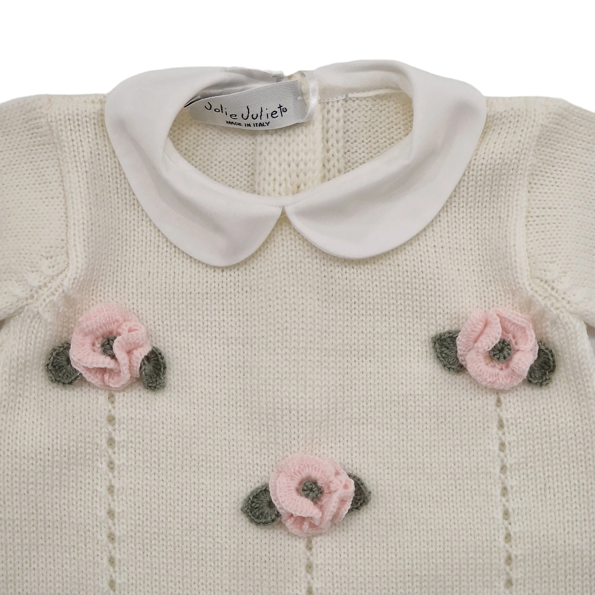 Tutina neonata 100% lana panna con rose applicate comprese babbucce - immagine 3
