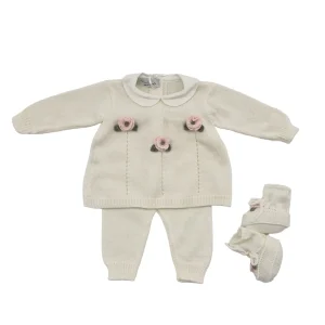 Completo neonata 100% lana panna con rose applicate comprese babbucce