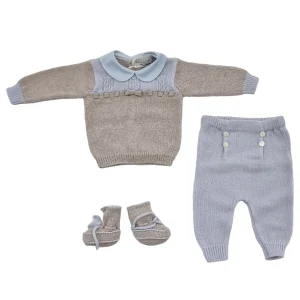 Completo neonato 100% lana tortora con trecce celesti comprese babbucce
