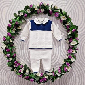 Completo neonato 100% cotone bianco-blu comprese babbucce