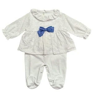 Tutina primaverile bambina in pizzo sangallo con fiocco bluette