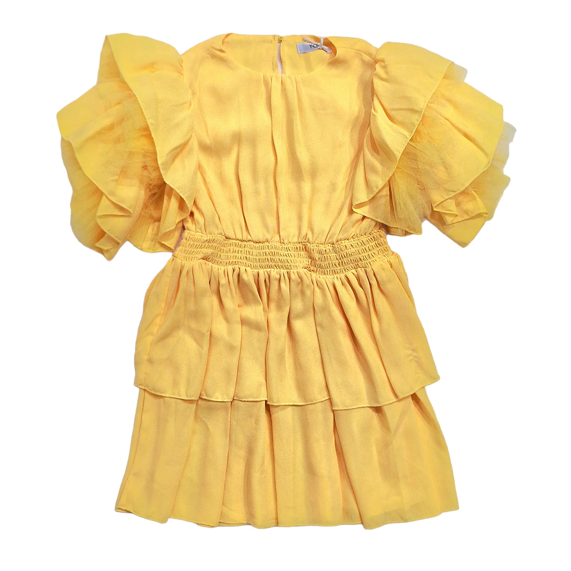 Vestito bambina in tessuto giallo con maniche in tulle - immagine 3