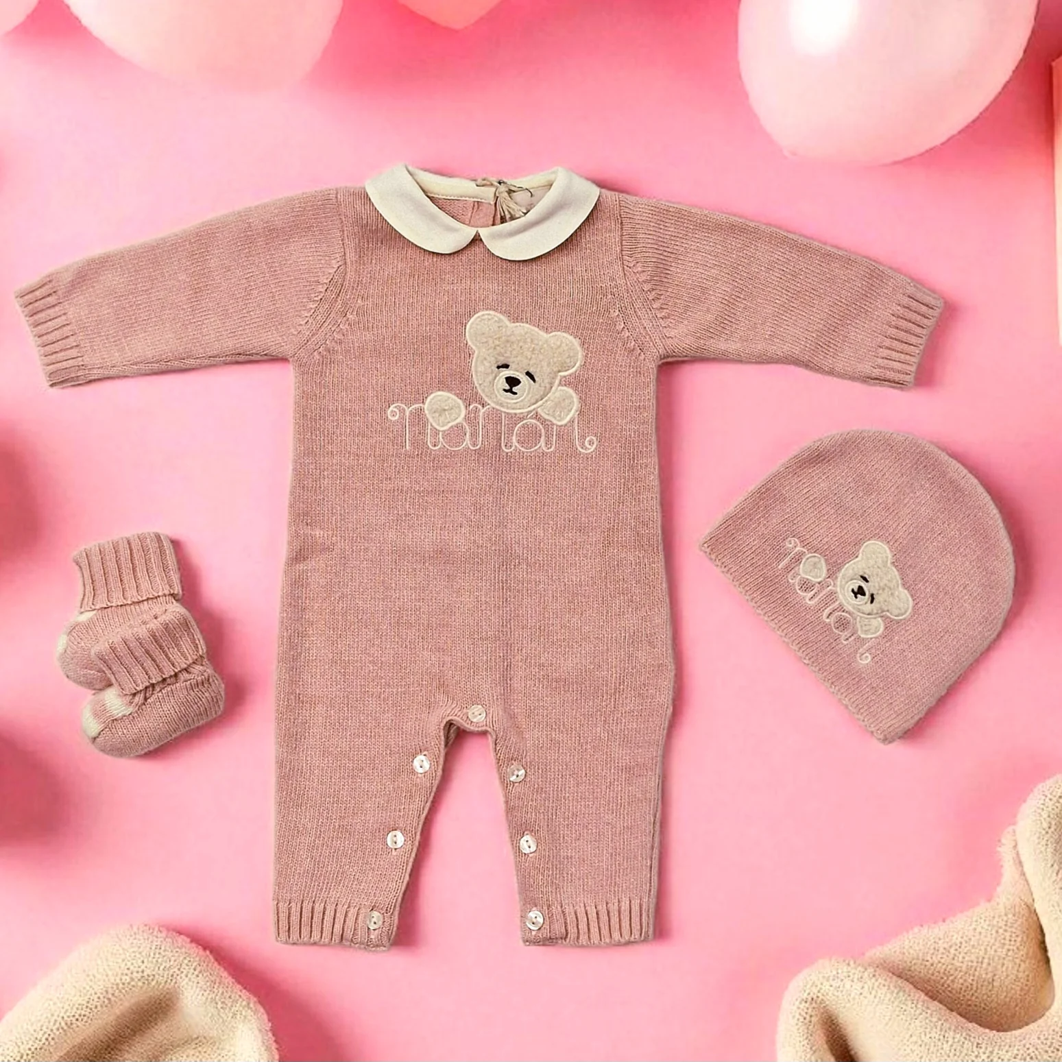 Tutina neonata 100% lana con orsetto Nanan - immagine 3