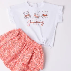Completo bambina T-shirt con orsetti e gonna fiori piccoli