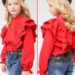 Camicia bambina rossa con rouge su maniche