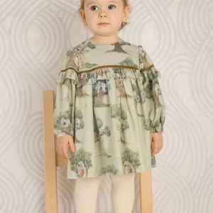 Vestito bambina verde con fantasia case sull'albero